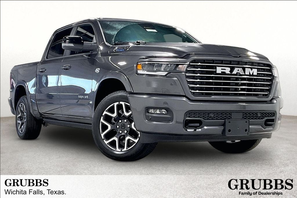 2026 RAM Ram 1500 RAM 1500 LARAMIE CREW CAB 4X4 5'7' BOX in Granite Crystal Metallic Clear-Coat Exterior Paint — front three-quarter view