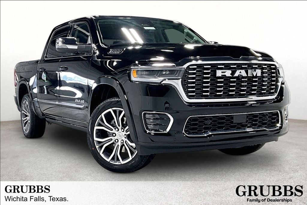 2026 RAM Ram 1500 RAM 1500 TUNGSTEN CREW CAB 4X4 in Diamond Black Crystal Pearl-Coat Exterior Paint — front three-quarter view