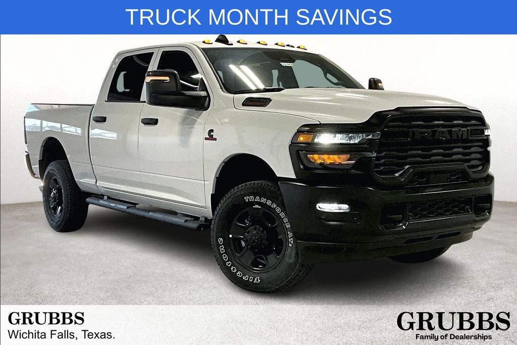 2025 RAM Ram 2500 RAM 2500 TRADESMAN CREW CAB 4X4 6'4' BOX in Bright White Clear-Coat Exterior Paint — front three-quarter view